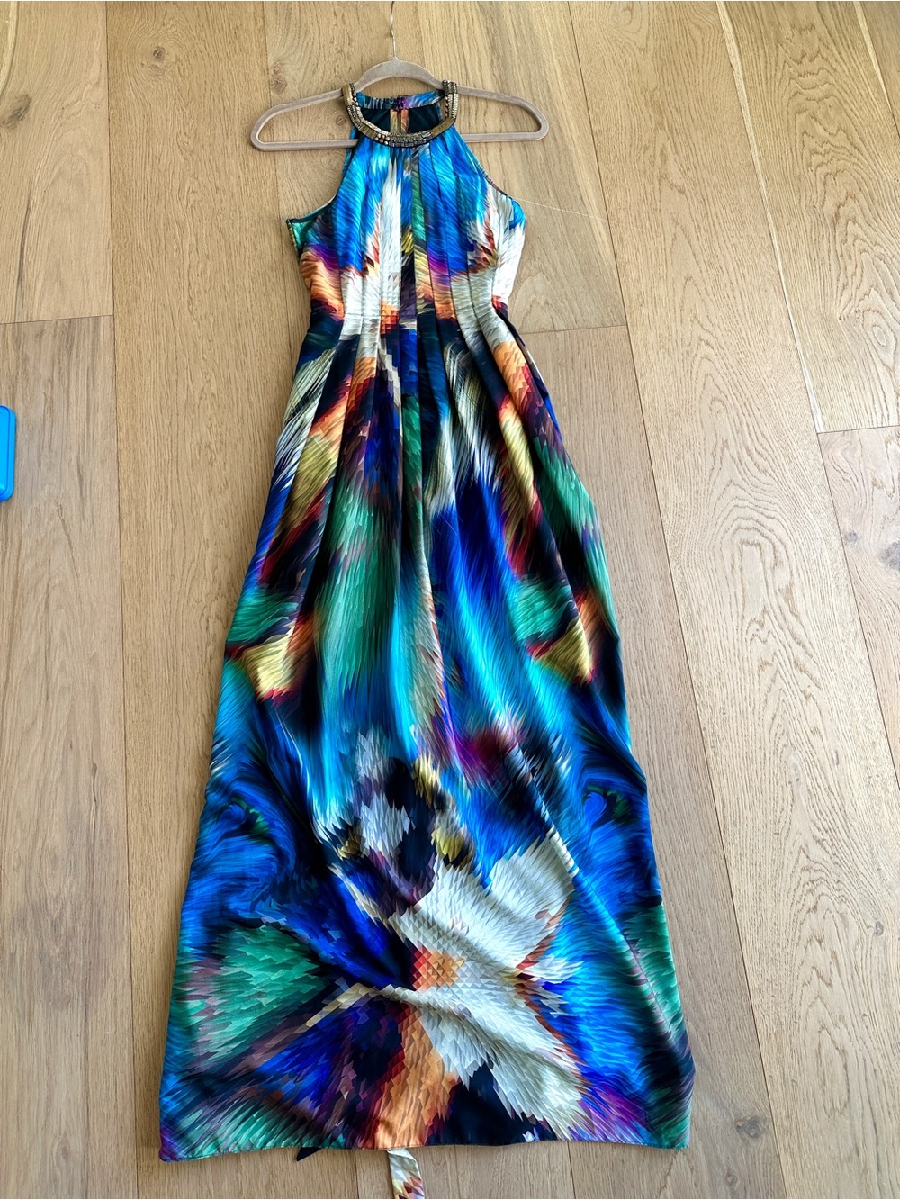 Blue Multicolor Abstract Beaded Halter Maxi Dress - Anthropologie - Picture 6 of 11